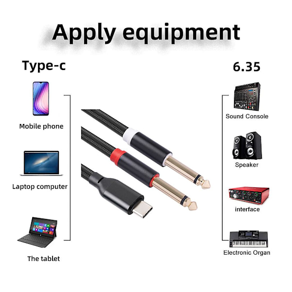 USB-C till Dubbla 6,35 mm Audio Stereo-kabel Typ C till Dubbla 6,35 mm Audio-sladd för Smartphone Multimedia