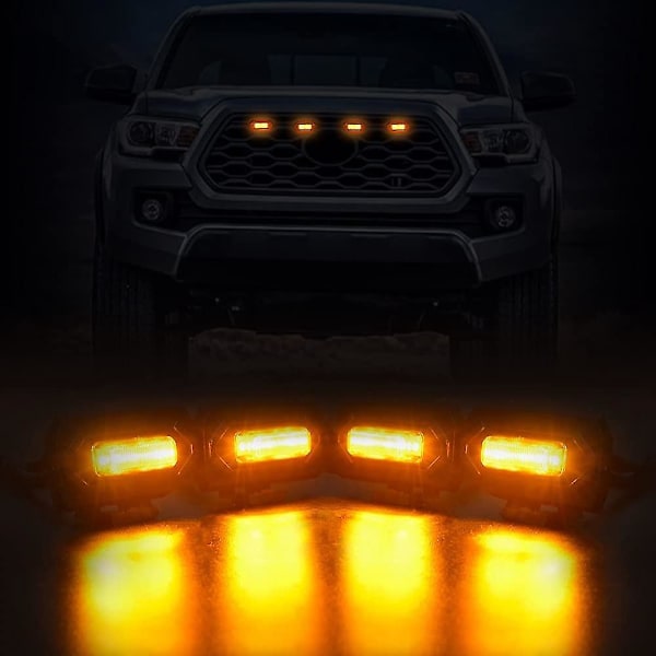 4 stk LED Grilllys kompatibel med Toyota Tacoma Raptor TRD Off Road Sport 2020 2021 Ekstern Grilllampe, Røyksvart Amber Lys+(ere