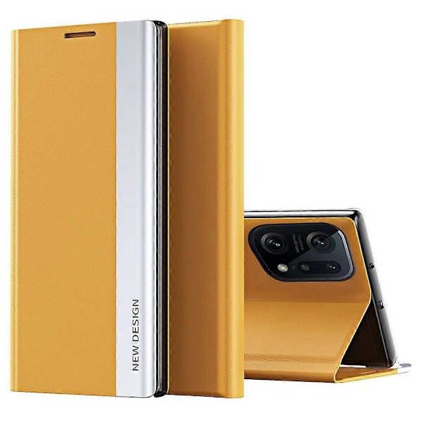 Electroplateret PU Læderetui med Stativ og Magnetisk Absorption til Oppo Find X5 Pro Yellow