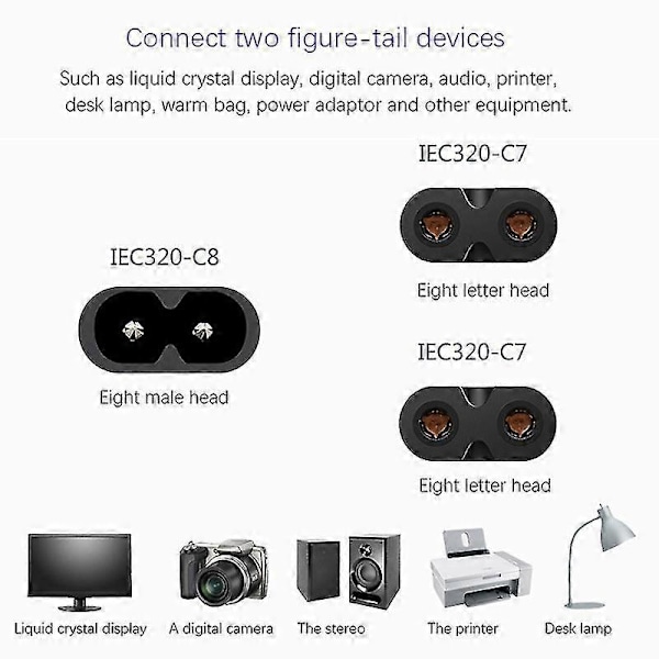 IEC320 C8 til 2X C7 Y Split AC Strømkabel, IEC Figur 8 Han til 2 Hun 1 ind 2 ud AC Strømkabel