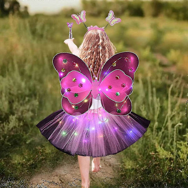 Feyprinsess Klänning Uppklädningsset | Flick Fey Kostym Set Med Vingar - Liten Feyprinsess Klänning Uppklädningsrollspel Led Ljus Upp Kostym Set För Flickor