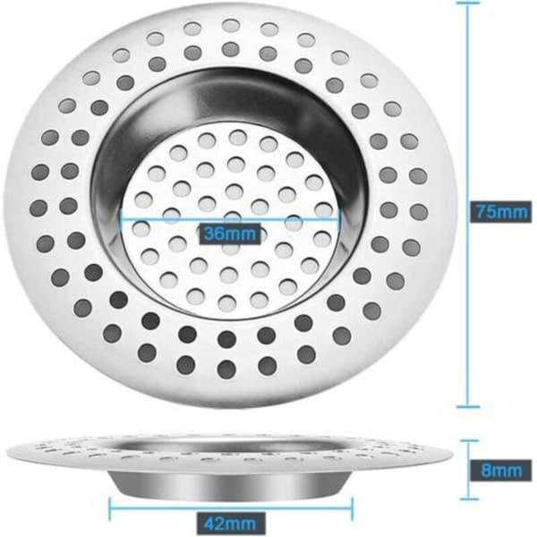 Sæt med 2 afløbspropper i rustfrit stål til køkkenvask - Standardbeskyttelse - Til badeværelse, køkken, bruser (udvendig diameter 7,5 cm, indvendig diameter (D))