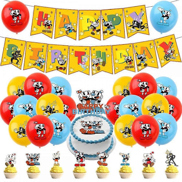 Cuphead-teemaiset juhlakoristeet sisältävät Hyvää syntymäpäivää -bannerin, lateksipallot, kakunkoristeen [D]
