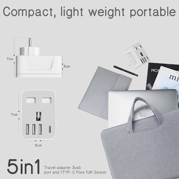 Resepluggadapter, UK till EU-kontakt med 3 USB A- och 1 USB C-portar, 5-i-1 Grå