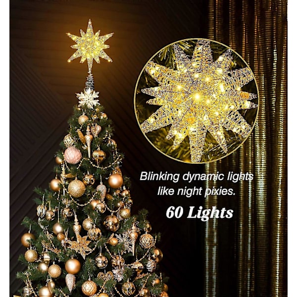 60 LED Lys Metallisk Stjerne Topper for Juletre Batteridrevet Moravisk Stjerne 3D Stjerne Tretopp Juletrepynt med 6H Timer, 13.78 tommer/