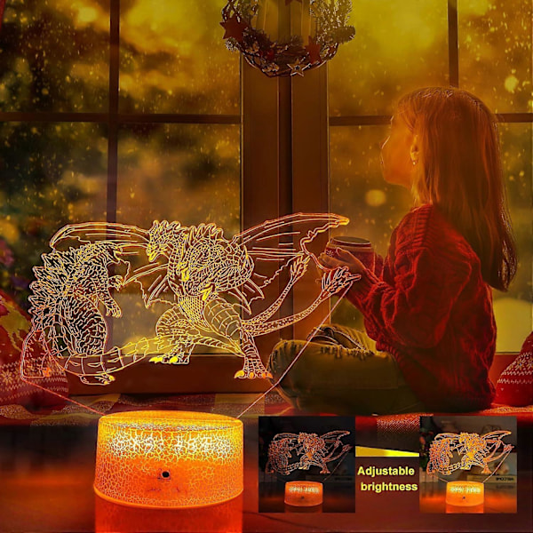 Godzilla vs Trehovet Dragerkonge Ghidorah 3D Natlampe, 16 Farveskiftende Dæmpbar Børnenatlampe, med Berøring og Fjernbetjening. Godzilla Legetøj LED Li