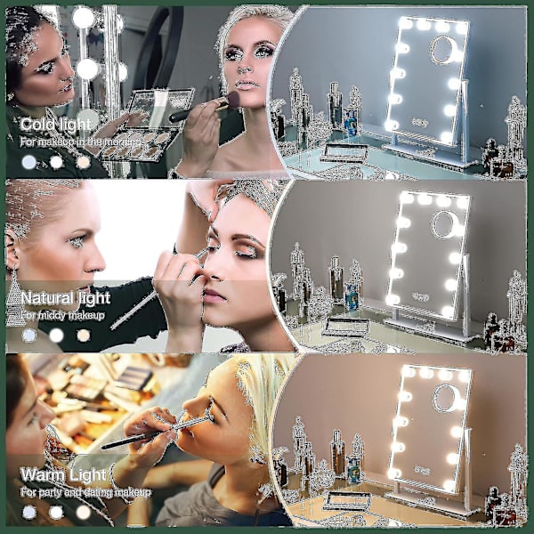 Hollywood-peili 12 LED-lampulla, 3 väritilaa (vain lamput)