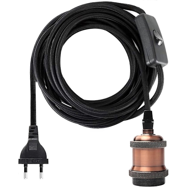 E27 Fatning med Kontakt, 1,2 Meter Kabelstof Elektrisk Ledning til Pære Fatning/ Edison Retro Pendel Lys Vintage Lampe Adapter Rød Kobber[D]