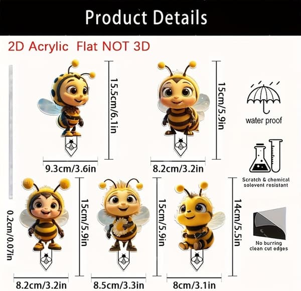 Dekorative hagestaker for utendørs bruk – Akryl hagepynt (2D-design), bieformede dekorative pottepinner (D)