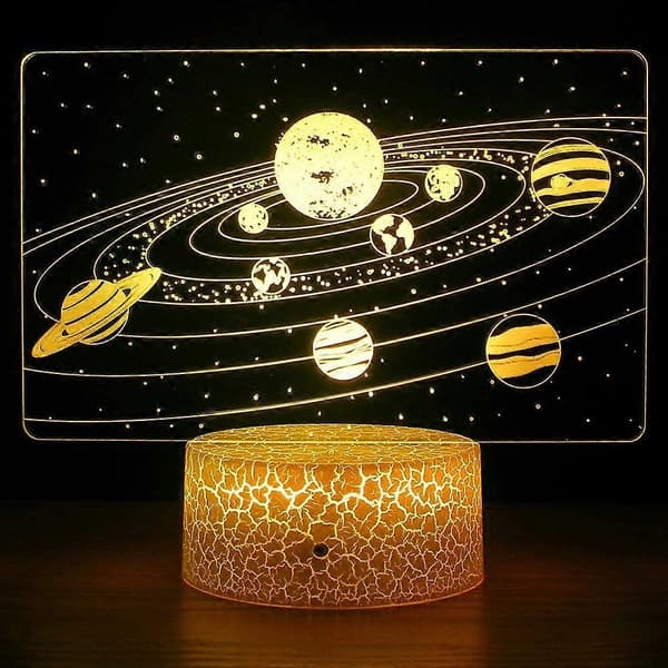 Sol System 3D Optisk Illusjon Sidebordslampe Univers Rom Galakse Nattlys for Barn, Romdekorasjonslys, Gave til Gutter og Jenter[D]