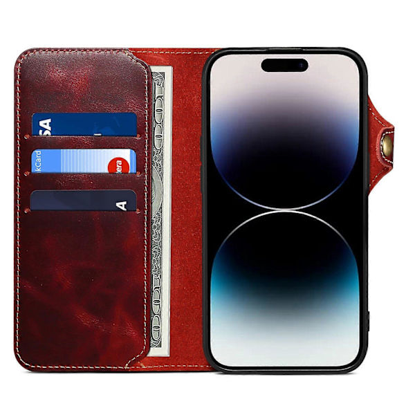 iPhone 16 Pro Skal i Vaxat Äkta Ko-Läder med Plånbok, Stötskyddande -
