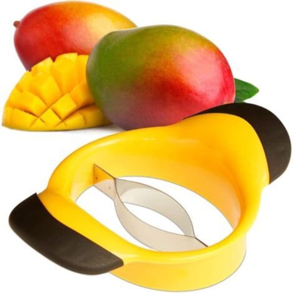 Mangokutter, separator og steinfjerner, sklisikkert håndtak, blad i rustfritt stål, fruktkutter, svart og gul (D)