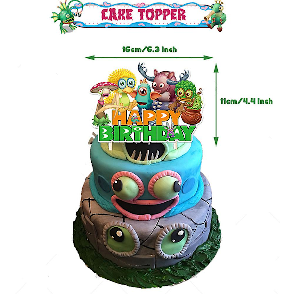 My Singing Monster -teemainen lasten syntymäpäiväjuhlan koristelupallot, banneri ja cupcake-koristeet