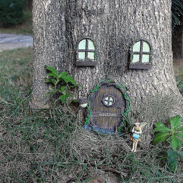 Miniature Fe Hus Dør Vindue Og Lysekrone Mini Lysende Træ Have Dør Gave[D]