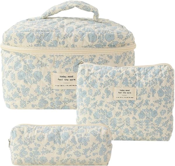 Store quiltede makeup tasker, 3-pak, æstetiske blomstrede toilet tasker med bomuldsfor [D]