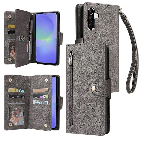 Samsung Galaxy A36 5G -kotelo vetoketjullinen lompakko nahkainen jalusta puhelinkotelo niittikoriste - vihreä[D] Multicolor Grey