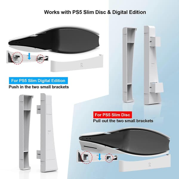 PS5 Slim Vandret Stativ, PS5 Slim Base Stativ til PS 5 Disc & Digital Udgaver Vandret Stativ Holder white