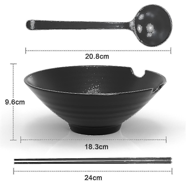 6-delt Ramen-skålsett med 1000 ml fyllingskapasitet - Tradisjonelt japansk servise med spisepinner og skje i svart
