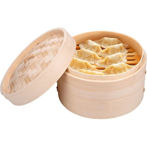 Bambuångkorg - 2-vånings ångkorg - 20 x 13,5 cm - 100% bambu - Ångar över en kastrull - Lämplig för dumplings, grönsaker, ris och mo