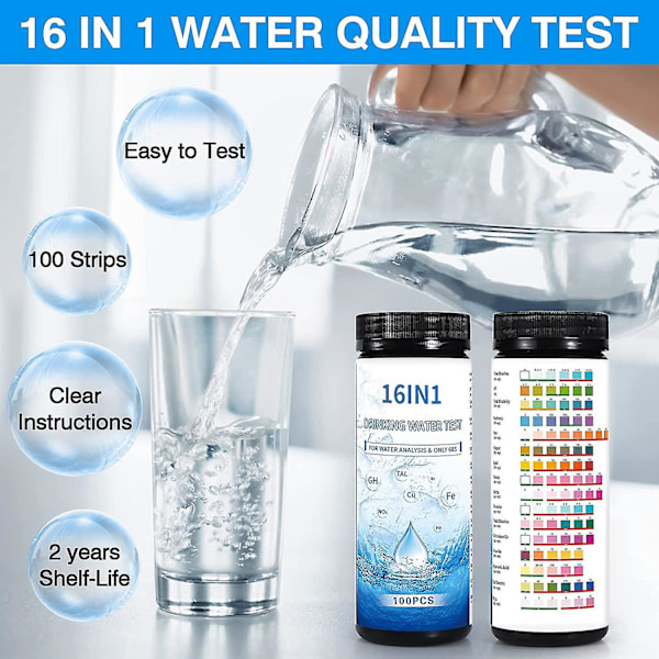 Vattentestkit för dricksvatten - 16 i 1 test - Bly, pH, Klor, Hårdhet - 100 st