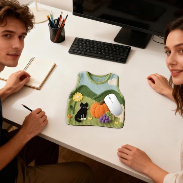 Kontormusematte – Estetisk skrivebordsmatte med katt-, gresskar- og blomsterdesign, ideell for hjemmekontor (D)