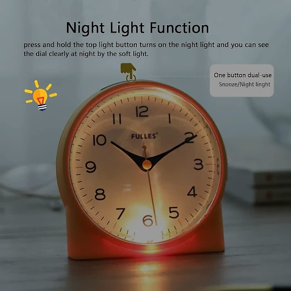 Tyst Analog Alarmklocka, Tick-Free, För Tungsovare, Snooze, 6 Väckarklocksljud, Batteridriven och Ljusfunktioner, Enkel Inställning (Blå)
