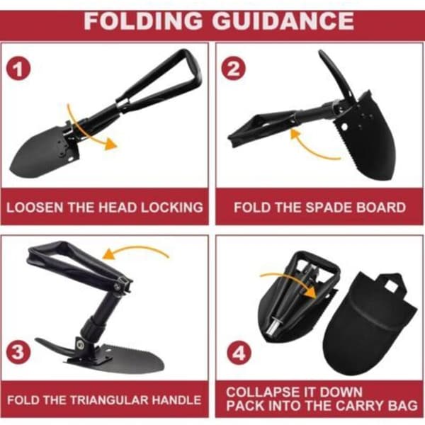 Stor 47 cm multifunktionel foldespade med opbevaringstaske, campingspade til at grave, skære, høvle og save træ, foldespade (D)