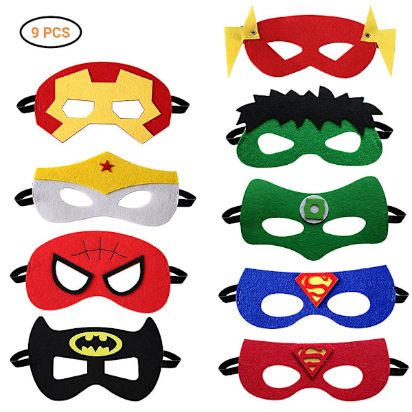 9 stk. Superhelt Filtmasker for Barn Superheltmasker med Elastisk Tau Party Cosplay Favør Masker for Halloweenfest