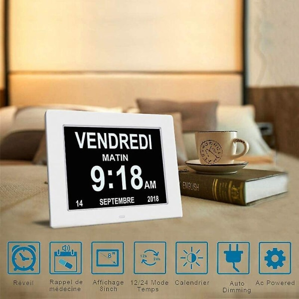 Alzheimers klocka - 7\" LCD digital kalenderklocka med datum, dag och tid för seniorer (vit) [kk]