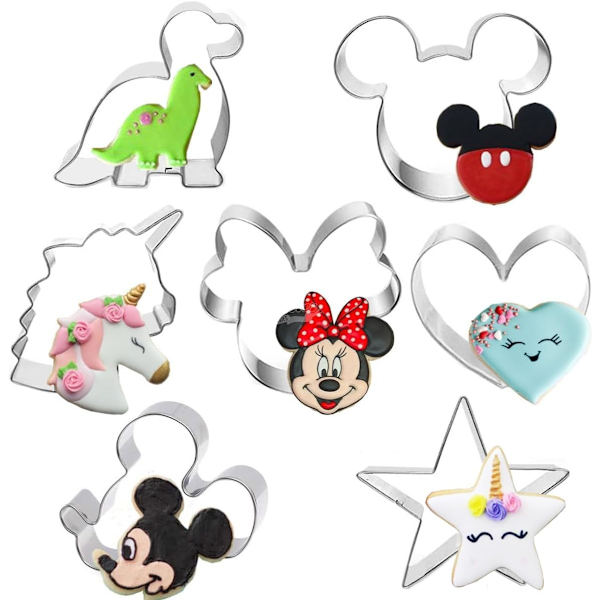 7 kakformar i form av Mickeys huvud, Mickeys ansikte, Minnie Mouse, enhörning, dinosaurie, hjärta och stjärna