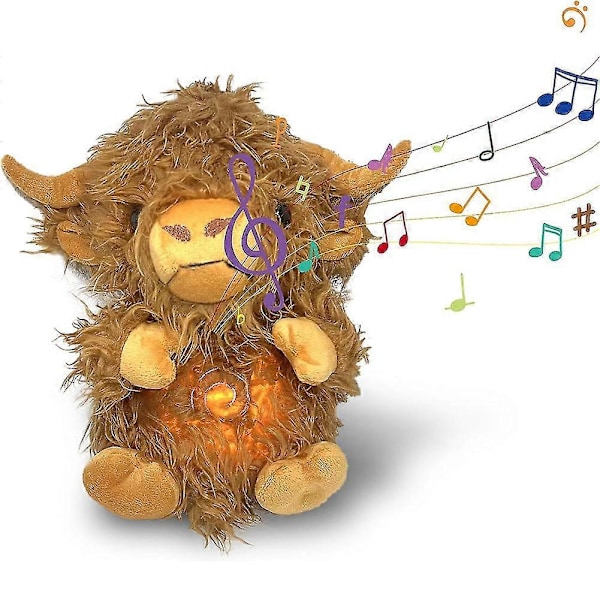 Nye beroligende Highland Cow-dukker, beroligende sovedukker med musikklys og rytmisk pustebevegelse, angstdempende