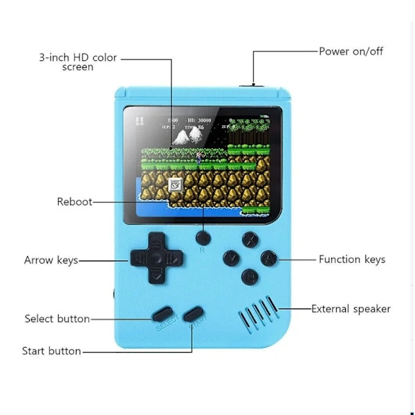 500-in-1 Retro Gameboy -kone Mini Käsikonsoli Sisäänrakennettu Klassiset Pelit Lapsille Aikuisten Hauska Leikki Lahja Sininen