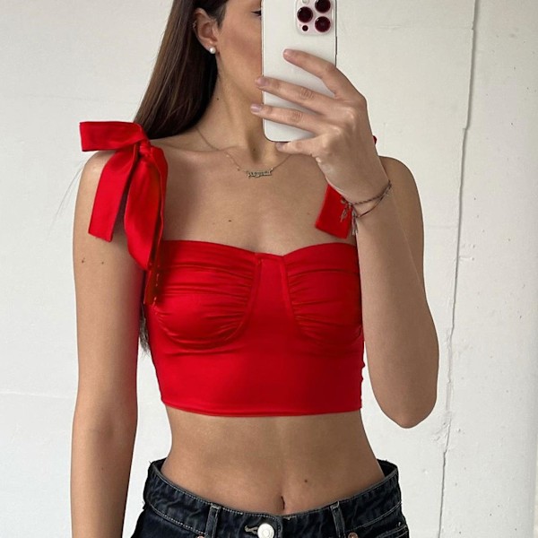 Dame Stropp Tank Topp Ren Farge Justerbar Pustende Hudvennlig Ermeløs Kort Topp For Strandfest[D] Red M