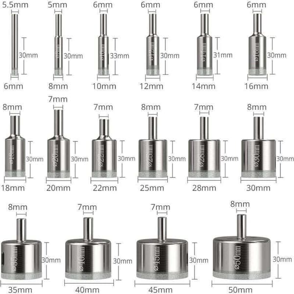 Hulsav og kerneborebitssæt - 16-delt diamantborebits, 6-50 mm, til glas, keramik, fliser 400 g