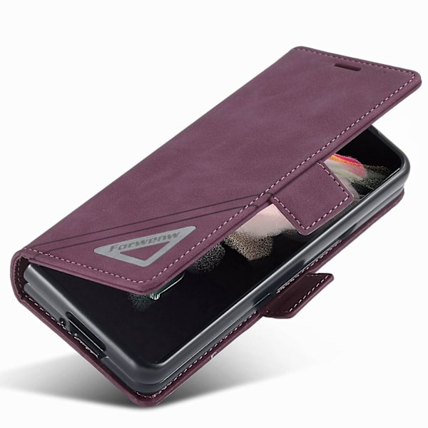 FORWENW støtsikker PU-lær stativ flip telefonveske for Samsung Galaxy Z Fold 4 Wine Red