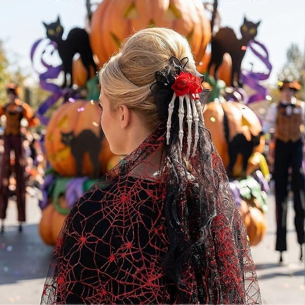 Luustohiussolki ruusulla Halloween Ghost Claw Barrette Musta pitsi naisille (D)