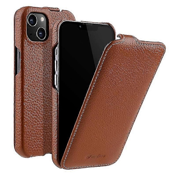 Vertikal Flip-etui for iPhone 13 i Litchi-tekstur, ekte kveg-skinn + PC-beskyttende skall Brown iPhone 13 6.1 inch