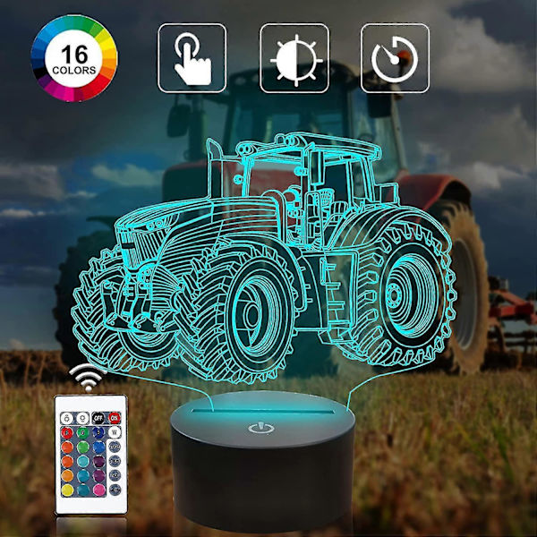 Lastbil 3D Illusion Nattlampa, Traktor 16 Färgväxlande Dimbar Hologram Belysning, Smart Timer Leksak USB Laddning Bord Sängrums Dekoration