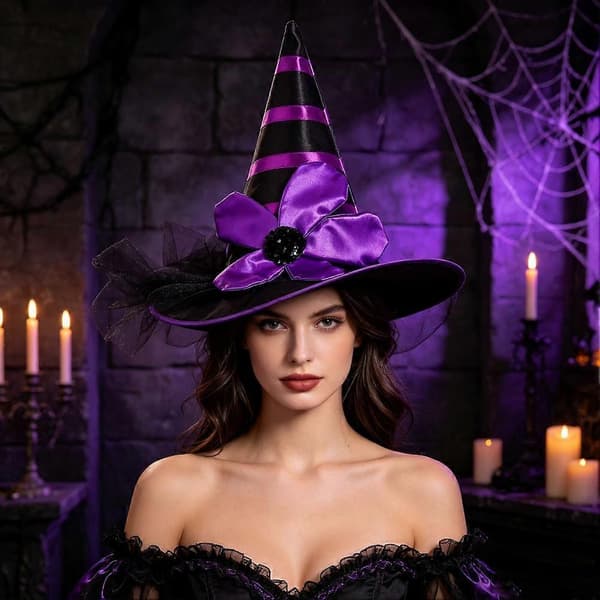 Stribet blomstret sort gaze heksehat, Halloween-dekoration heksehat til damer (D) Purple