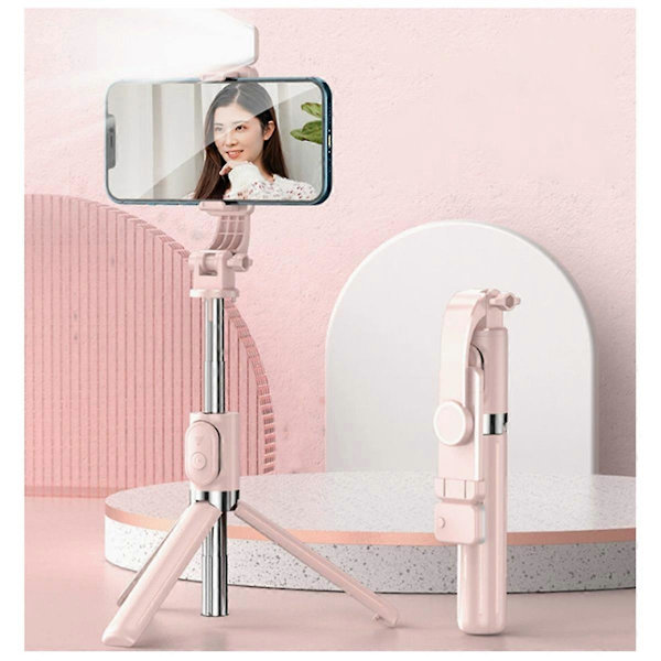 Langaton Selfie-keppi Tripod-jalusta valolla Bluetooth-kaukosäätimellä Tripod[D] Pink