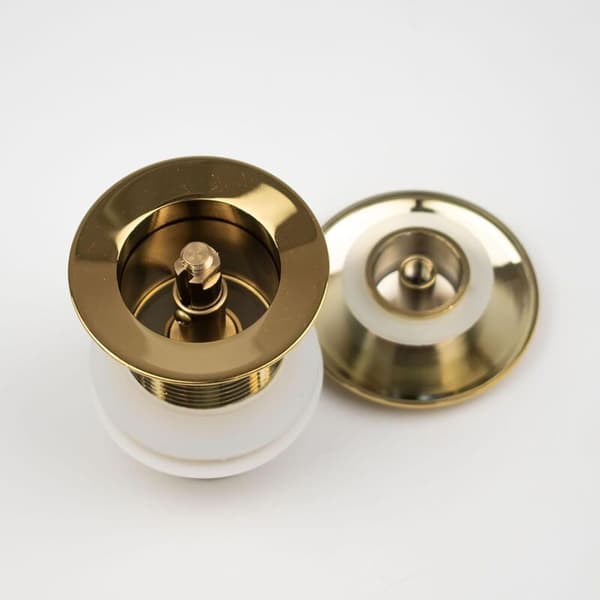 Solid messing delt vaskavløp, rund form, sopphode, kuppelformet, gullfinish, for bad og kjøkken, britiske standardbeslag (D)