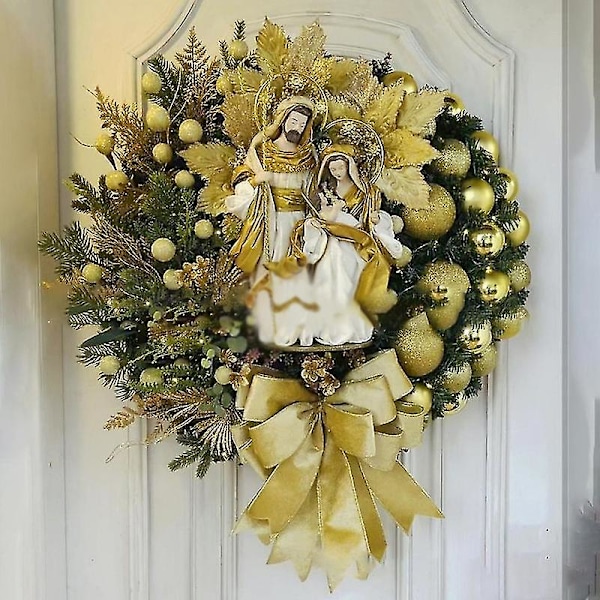 Lysende Julekrans med Nativitetsscene, Julepynt, Hellig Julekransdekorasjon C