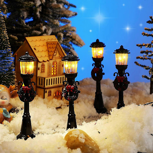 4 st Mini Jul Lyktstolpe Miniatyr Gatlykta Dekorativa Lampor för DIY By Väg black