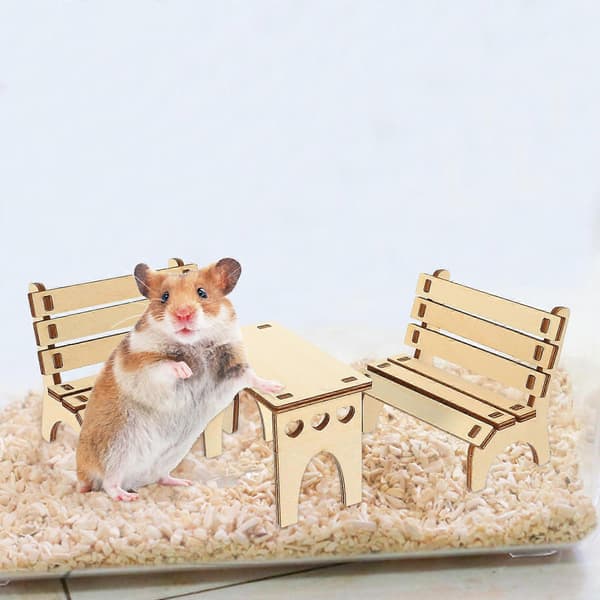 DIY Samle Hamster Legetøj Træbord og Bænk til Bur 3 Sæt[D] Beige 9.5x5x6.4cm