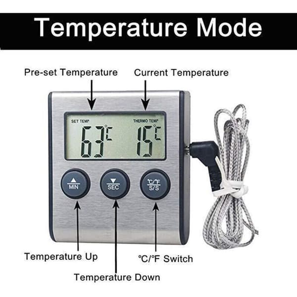 Stor LCD-skärm digital kökstermometer, lång sond för ugn, grill, köttlagningstemperaturlarmtimerverktyg 0.05
