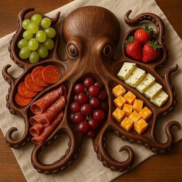 Bleksprut Charcuterie-fat, hav-tema ost- og brødbrett, nyhet unik serveringsbrett i tre for ost, kjøtt, frukt, unik gave til [D] Style A
