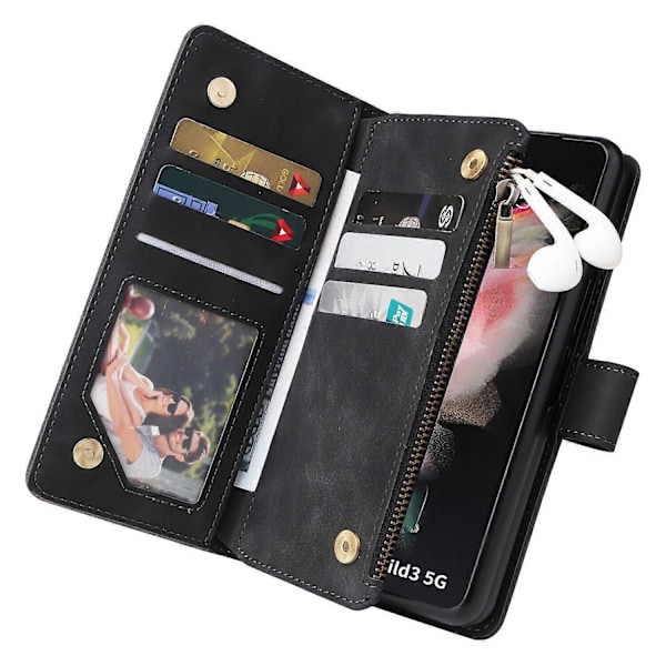 Fodral för Samsung Galaxy Z FOLD 3 5G Läder Magnetisk Handväska Dragkedja Fickficka Armband Kompatibel med Samsung Galaxy Z FOLD 3 5G Fodral