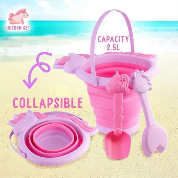 Poolleksaker Sandlådeset Barn Strandhink och Spade Set, Rosa Enhörningsform Fällbar Plasthink, Utomhusbruk[D]