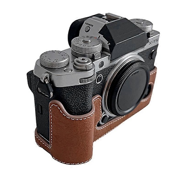 Kamerabottenfodral i buffelstruktur för Fujifilm X-T5 med flanellfoder, halvkroppsskydd