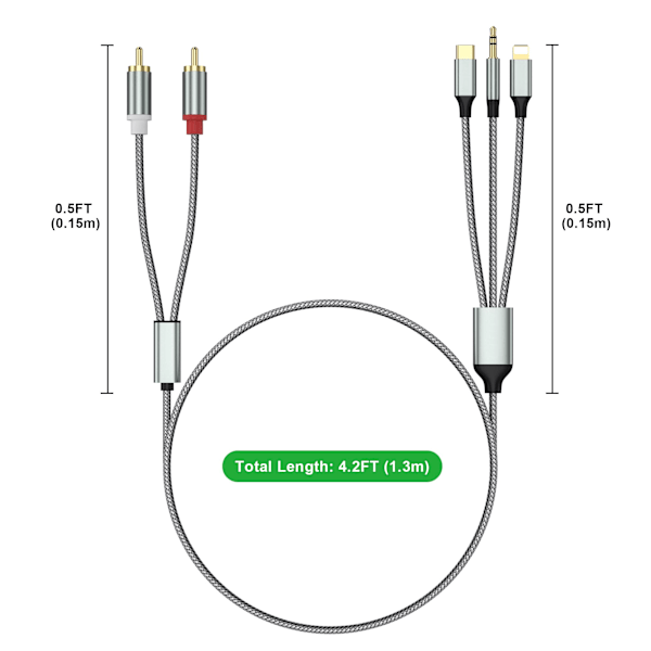 Lightning til RCA Kabel, Audio Aux Adapter, RCA til 3,5 mm Kabel, USB-C til 2 RCA Audio Kabel, 3-i-1 Audio Kabel til Bil, Hjemmekino, Højttalere og Mere